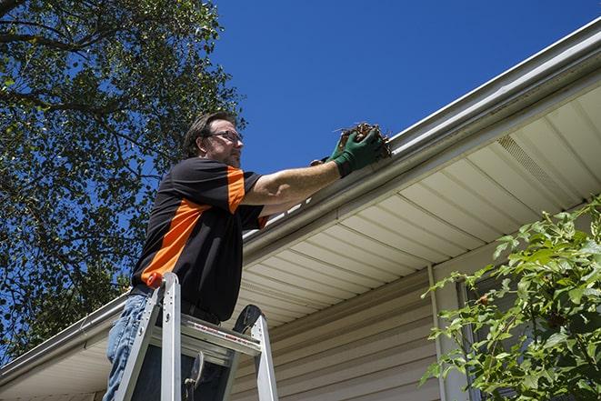 roofing technician replacing a rusted and leaking gutter in Bellingham WA